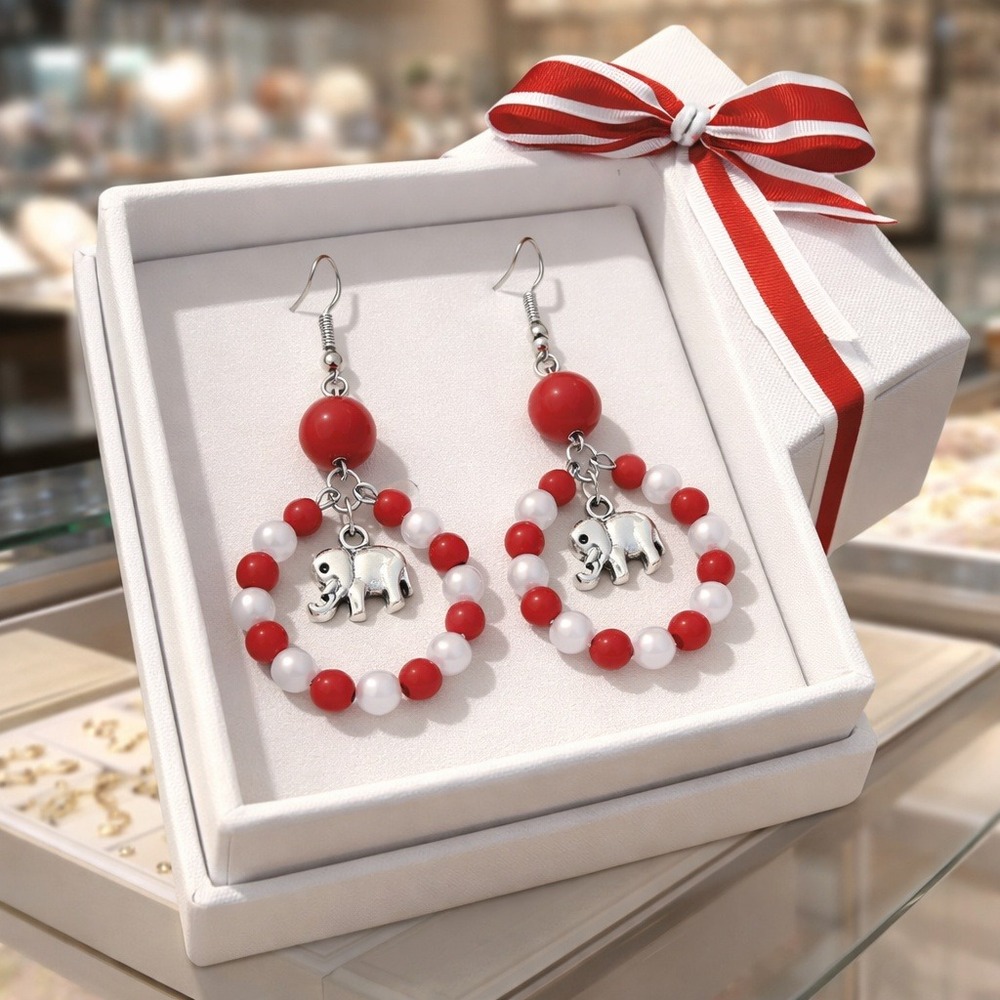 Earrings Red & White with Silver Elephant Faux Pearls Dangle‎